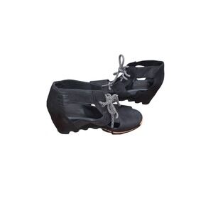 Sorel Joanie Women's Black Leather Lace-Up Wedge Sandals Size 8.5
